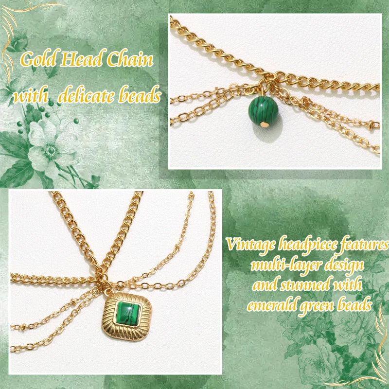 VENOFEN Head Chain Gold Headpiece Imitation Emerald Beads Forehead Jewelry for Women Boho Style Multi-Layered Chain Head Jewelry Festival Hair Decoration Accessories - Image 3